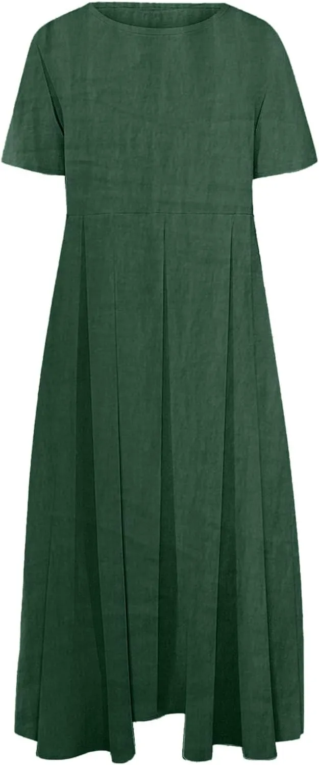JOAU Plus Size Cotton Linen Maxi Dress for Women 2025 Casual Loose Crew Neck Short Sleeve Beach Vacation Pleated A Line Dress