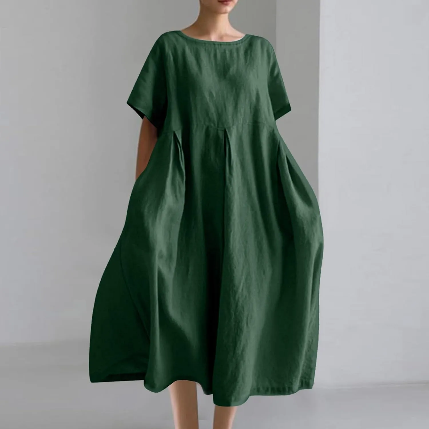 JOAU Plus Size Cotton Linen Maxi Dress for Women 2025 Casual Loose Crew Neck Short Sleeve Beach Vacation Pleated A Line Dress