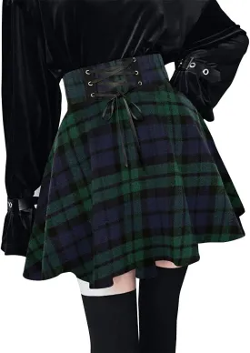 Kinghua Womens Warm Wool Plaid Mini Skirts High Waisted Lace Up Pleated Skater Skirts