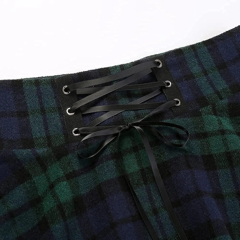 Kinghua Womens Warm Wool Plaid Mini Skirts High Waisted Lace Up Pleated Skater Skirts