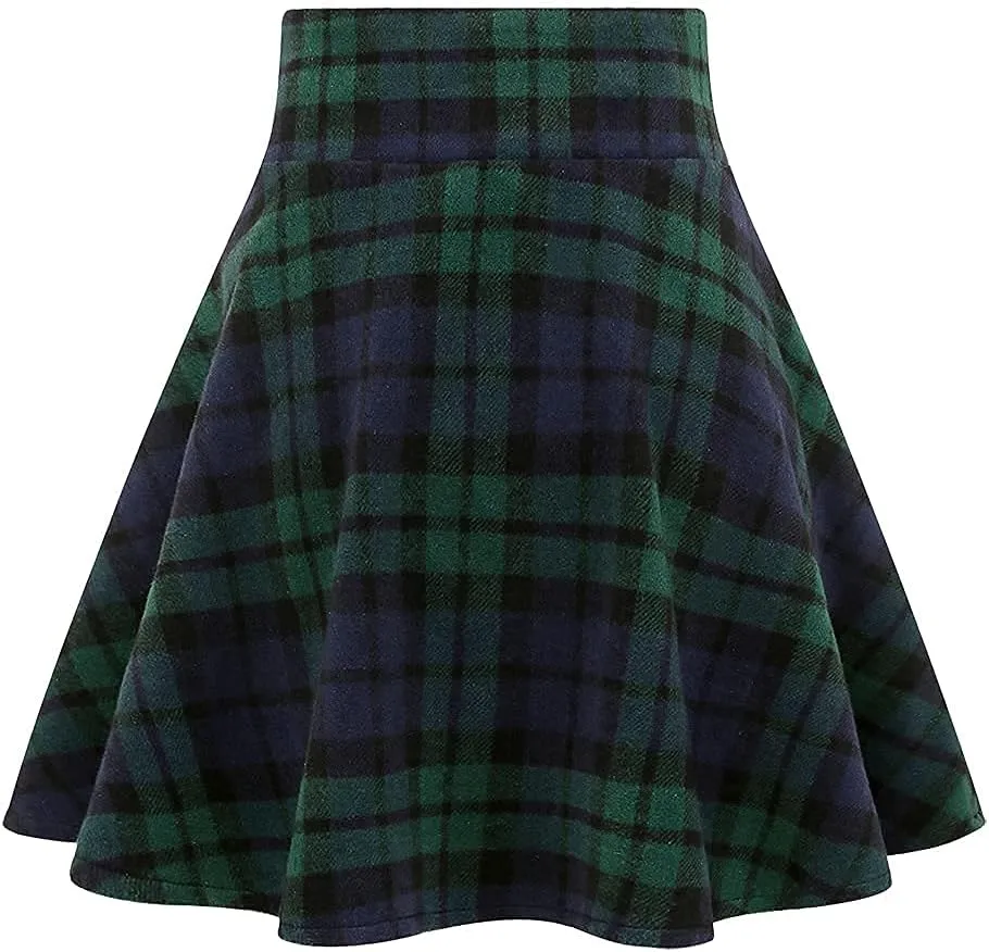 Kinghua Womens Warm Wool Plaid Mini Skirts High Waisted Lace Up Pleated Skater Skirts