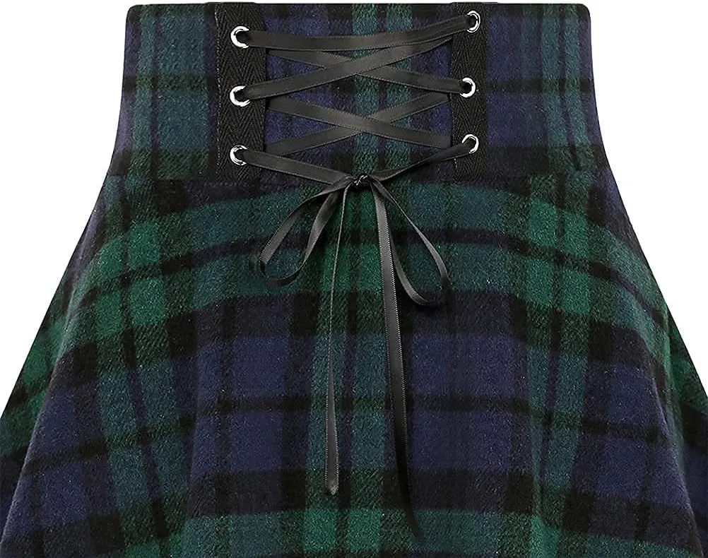 Kinghua Womens Warm Wool Plaid Mini Skirts High Waisted Lace Up Pleated Skater Skirts