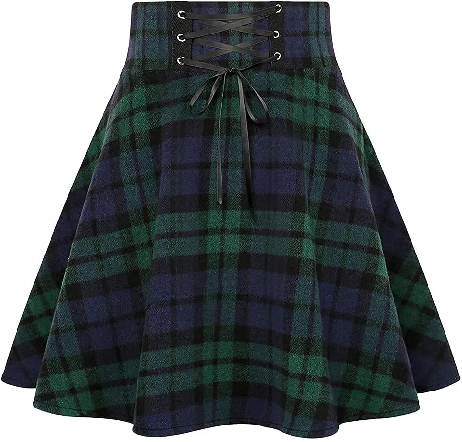 Kinghua Womens Warm Wool Plaid Mini Skirts High Waisted Lace Up Pleated Skater Skirts
