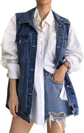 Lachmose Women for Jean Jackets Fashion Sleeveless Button Down Denim Jacket Western Shacket Jacket with Pockets