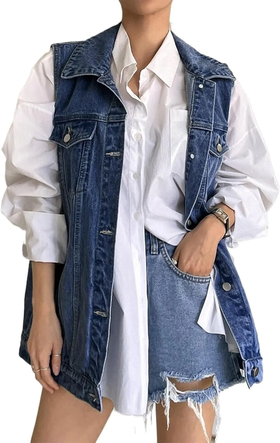 Lachmose Women for Jean Jackets Fashion Sleeveless Button Down Denim Jacket Western Shacket Jacket with Pockets