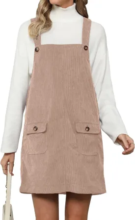 luvamia Corduroy Overall Dress for Women Adjustable Straps Casual Fashion Overalls Pinafore Short Dresses with Pockets