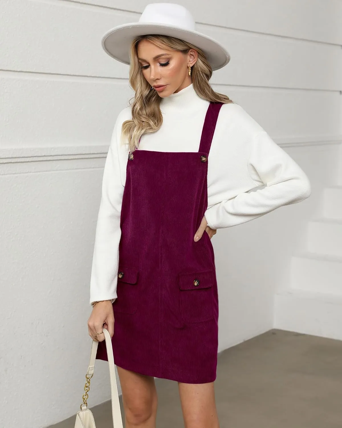 luvamia Corduroy Overall Dress for Women Adjustable Straps Casual Fashion Overalls Pinafore Short Dresses with Pockets
