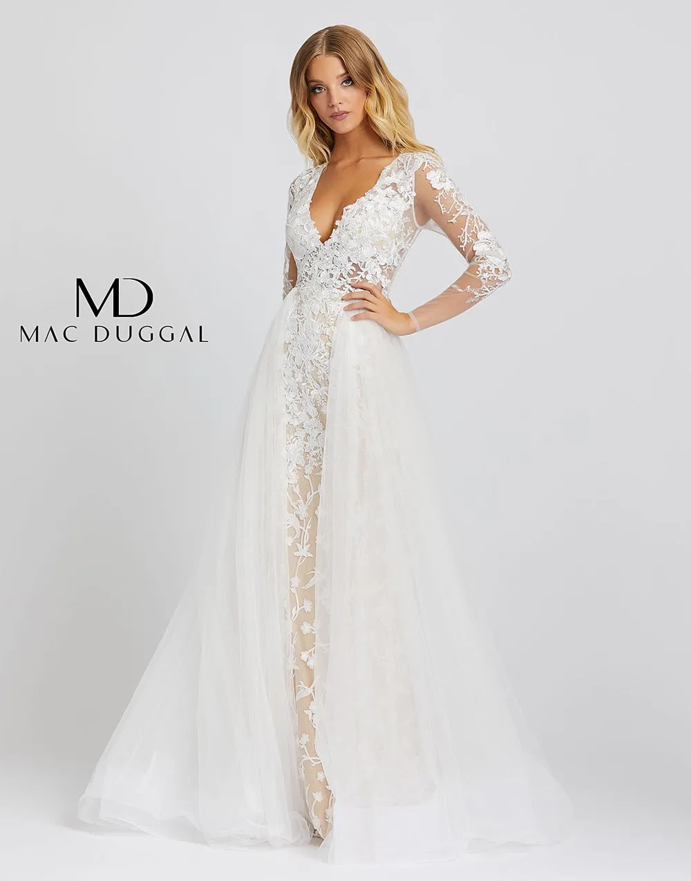 Mac Duggal 26322M Lace Wedding Dress Size 10 Sheer Long Sleeve Overskirt Dress Prom Bridal Pageant
