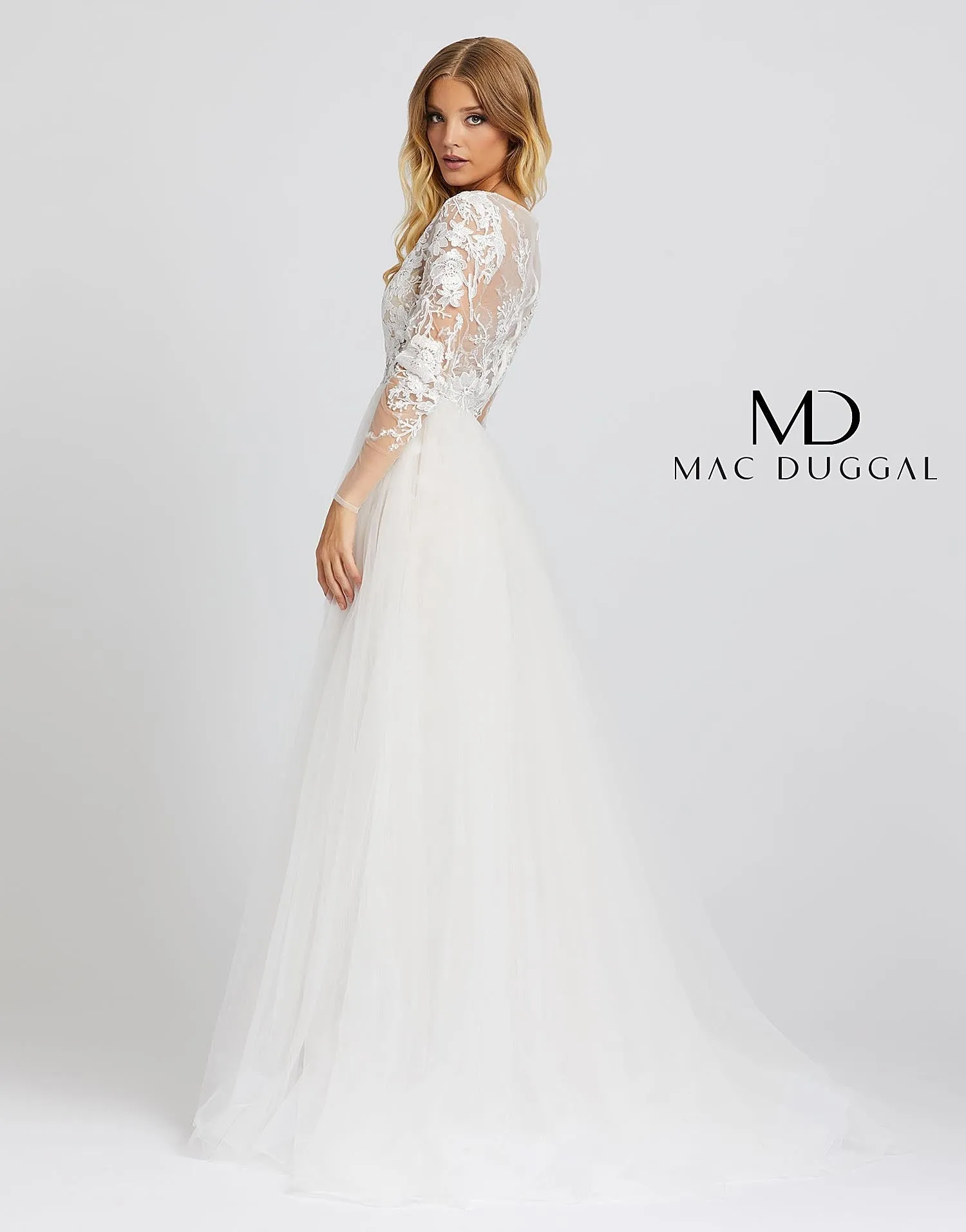 Mac Duggal 26322M Lace Wedding Dress Size 10 Sheer Long Sleeve Overskirt Dress Prom Bridal Pageant