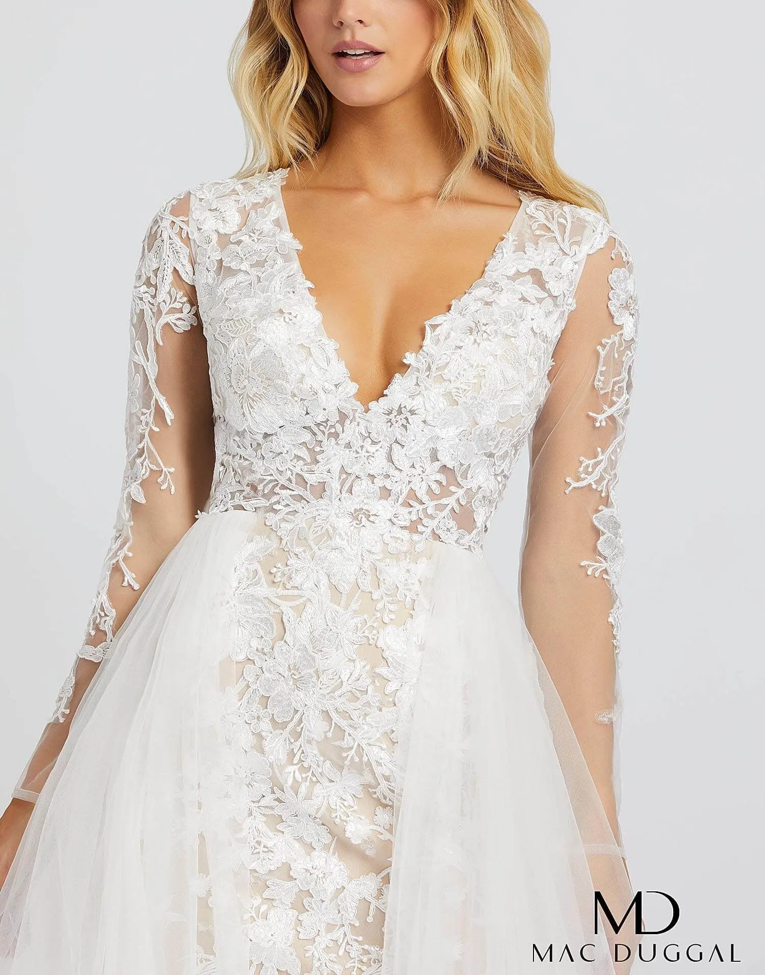Mac Duggal 26322M Lace Wedding Dress Size 10 Sheer Long Sleeve Overskirt Dress Prom Bridal Pageant