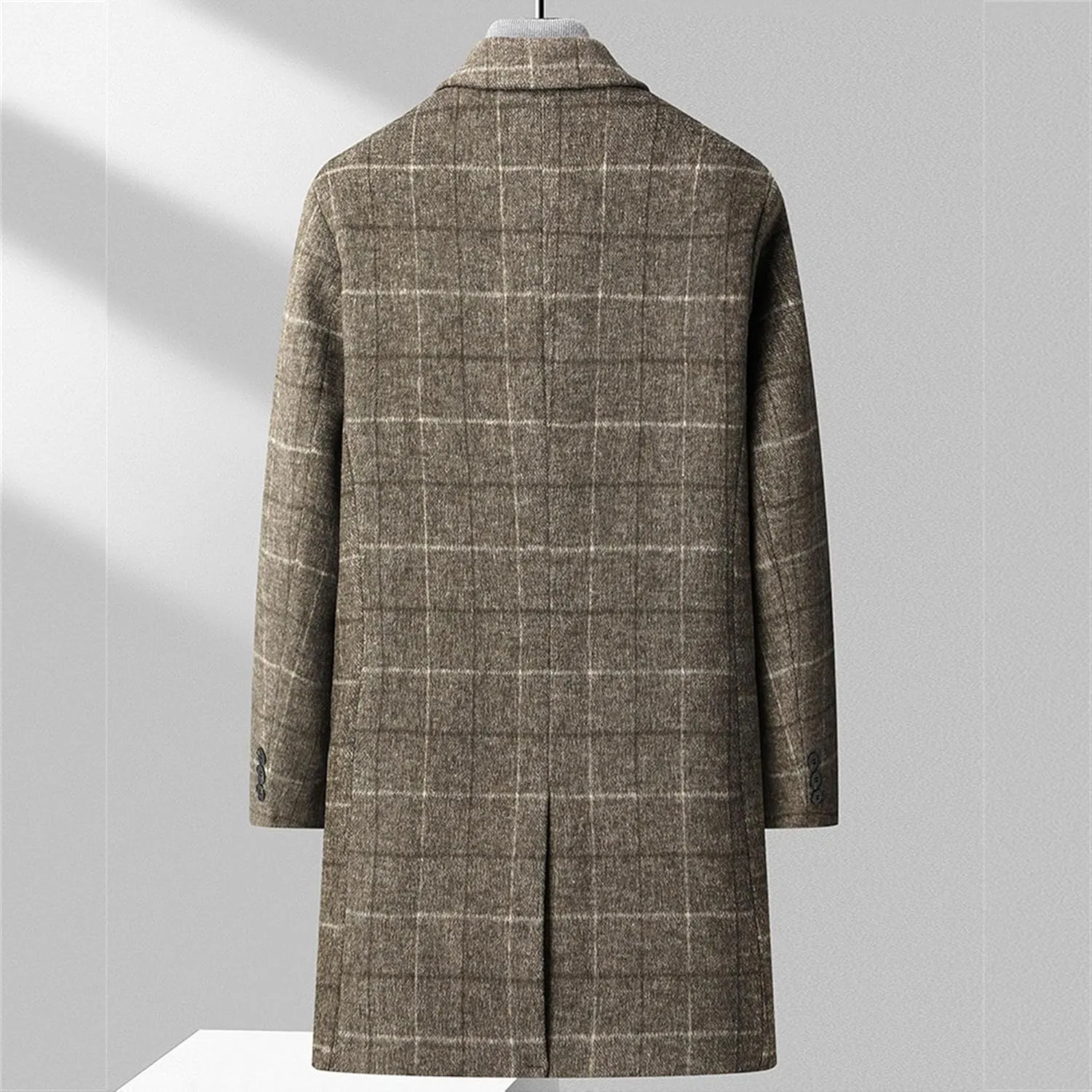 Maiyifu-GJ Mens Plaid Trench Coat Winter Single Breasted Wool Blend Top Pea Coat Classic Stylish Business Overcoat