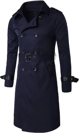 Men's Double Breasted Long Trench Coat Slim Fit Mid Long Belted Windbreaker Stylish Lapel Overcoat with Pocket