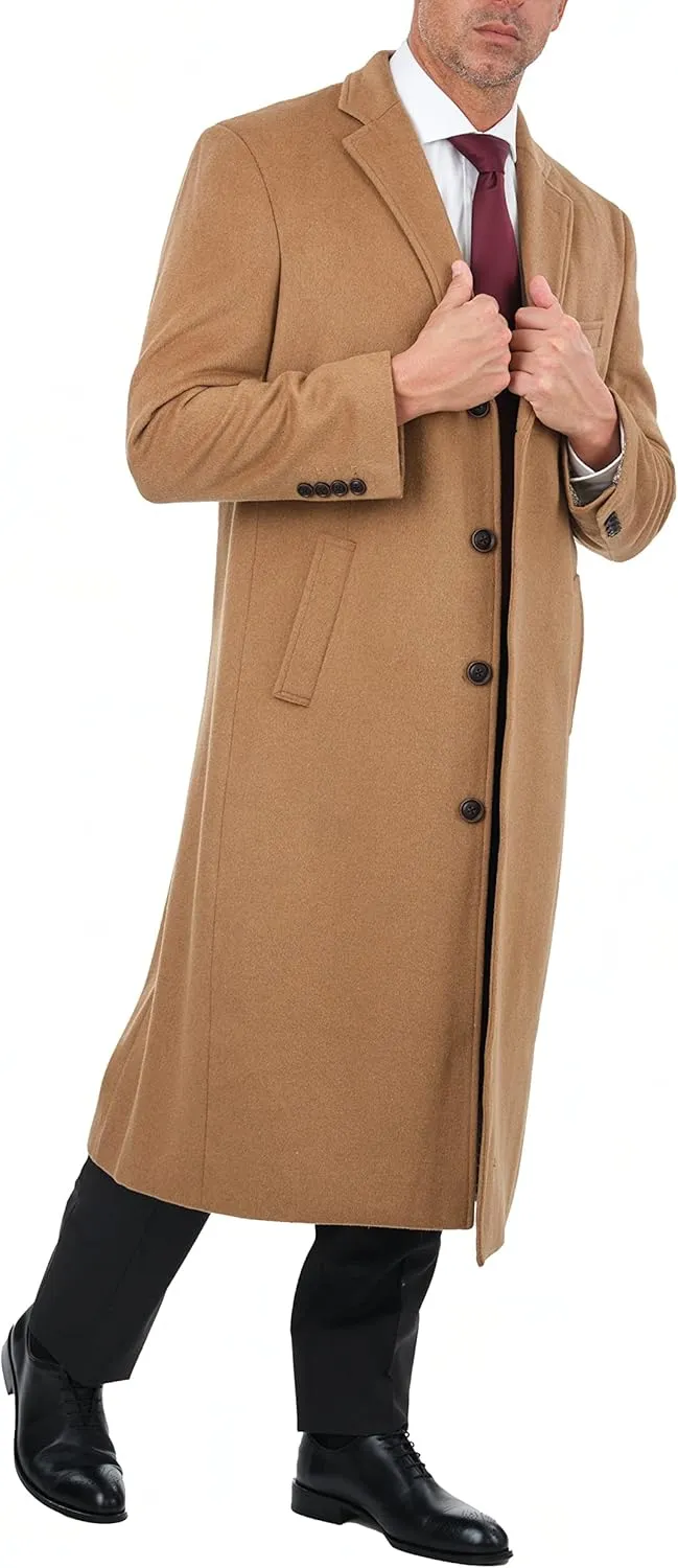 Men's Wool Cashmere Single Breasted Full Length Overcoat Top Coat