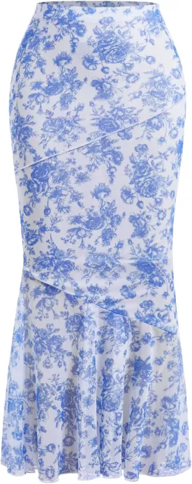 Milumia Women's Floral Mesh Ruffle Hem Maxi Skirt High Waisted Fishtail Long Skirts