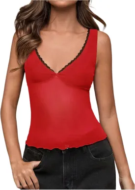 Milumia Women's Sheer Mesh Lace Trim V Neck Tank Top See Through Sleeveless Lettuce Trim Top