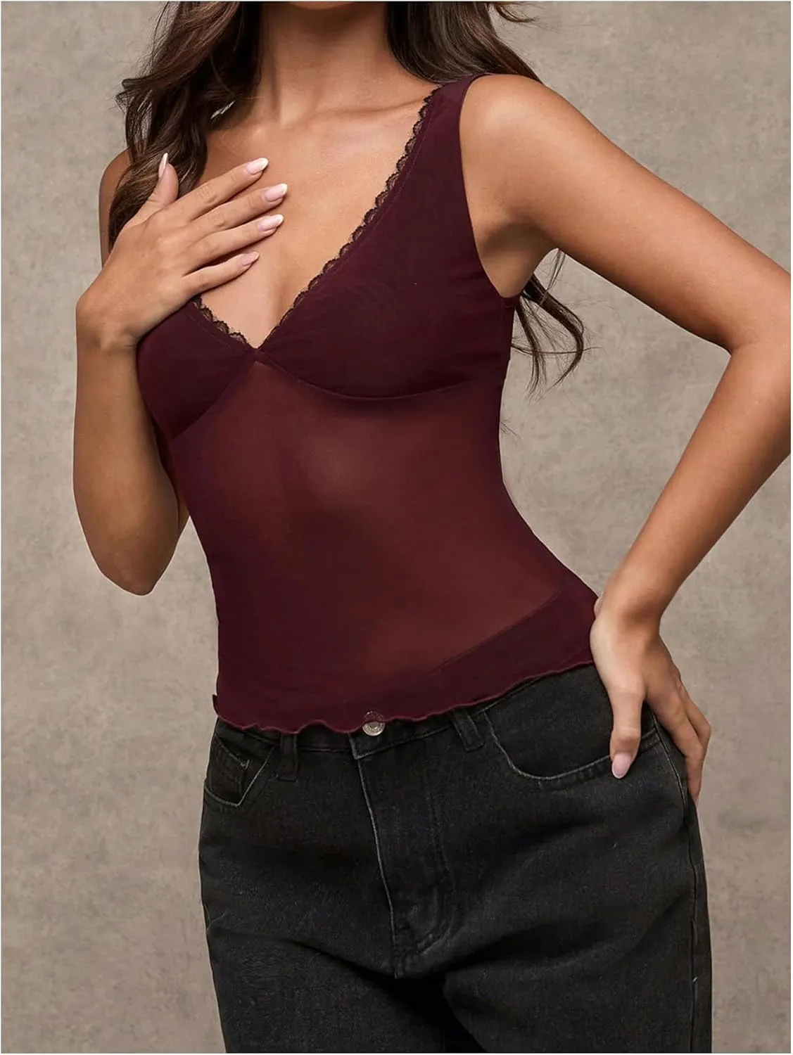 Milumia Women's Sheer Mesh Lace Trim V Neck Tank Top See Through Sleeveless Lettuce Trim Top