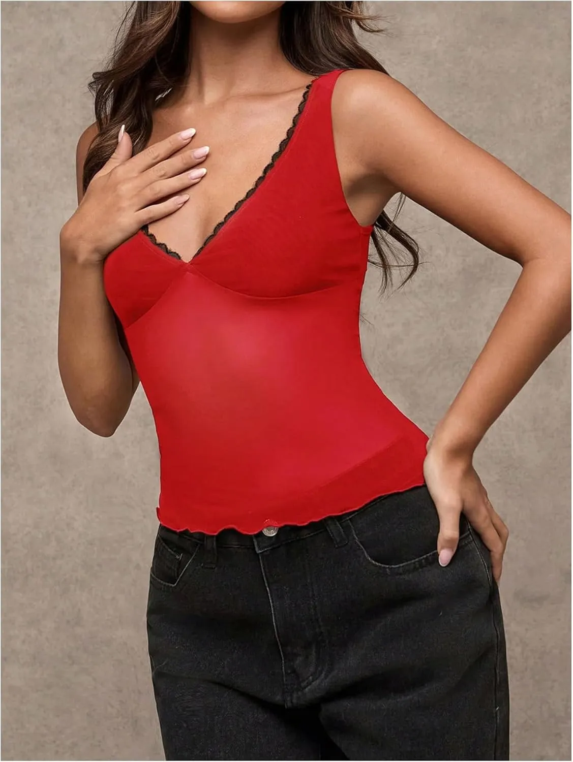 Milumia Women's Sheer Mesh Lace Trim V Neck Tank Top See Through Sleeveless Lettuce Trim Top
