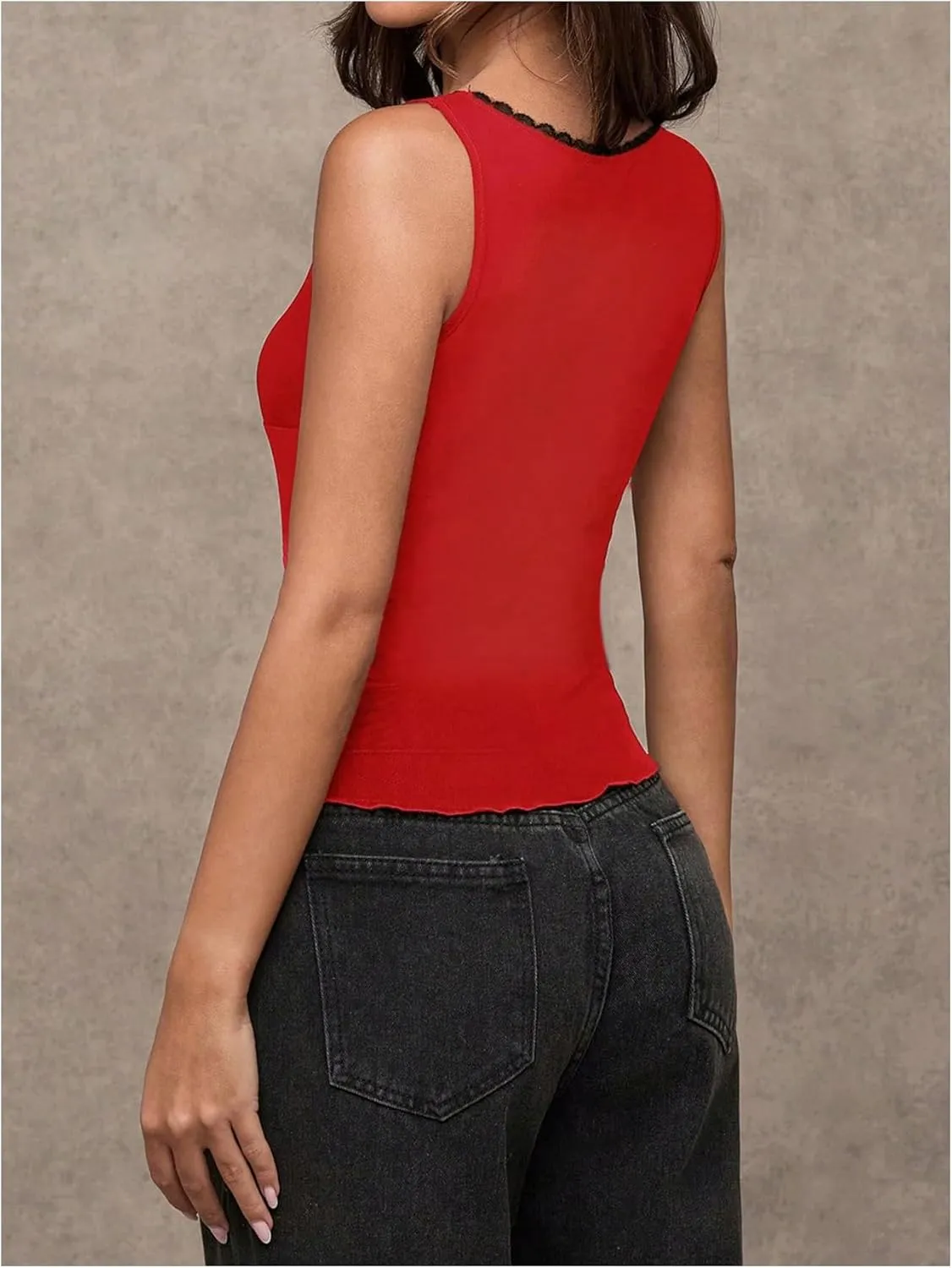 Milumia Women's Sheer Mesh Lace Trim V Neck Tank Top See Through Sleeveless Lettuce Trim Top