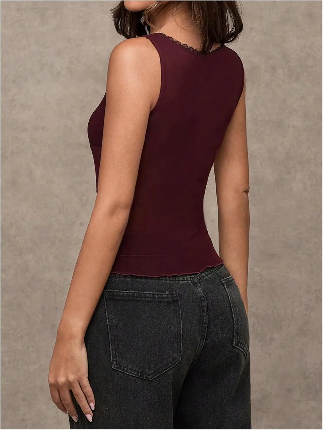 Milumia Women's Sheer Mesh Lace Trim V Neck Tank Top See Through Sleeveless Lettuce Trim Top