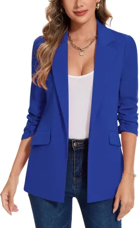 MINTLIMIT Blazer for Women Open Front 3/4 Ruched Sleeve Suit Jacket Notched Collar Casual Work Office Blazers with Pockets