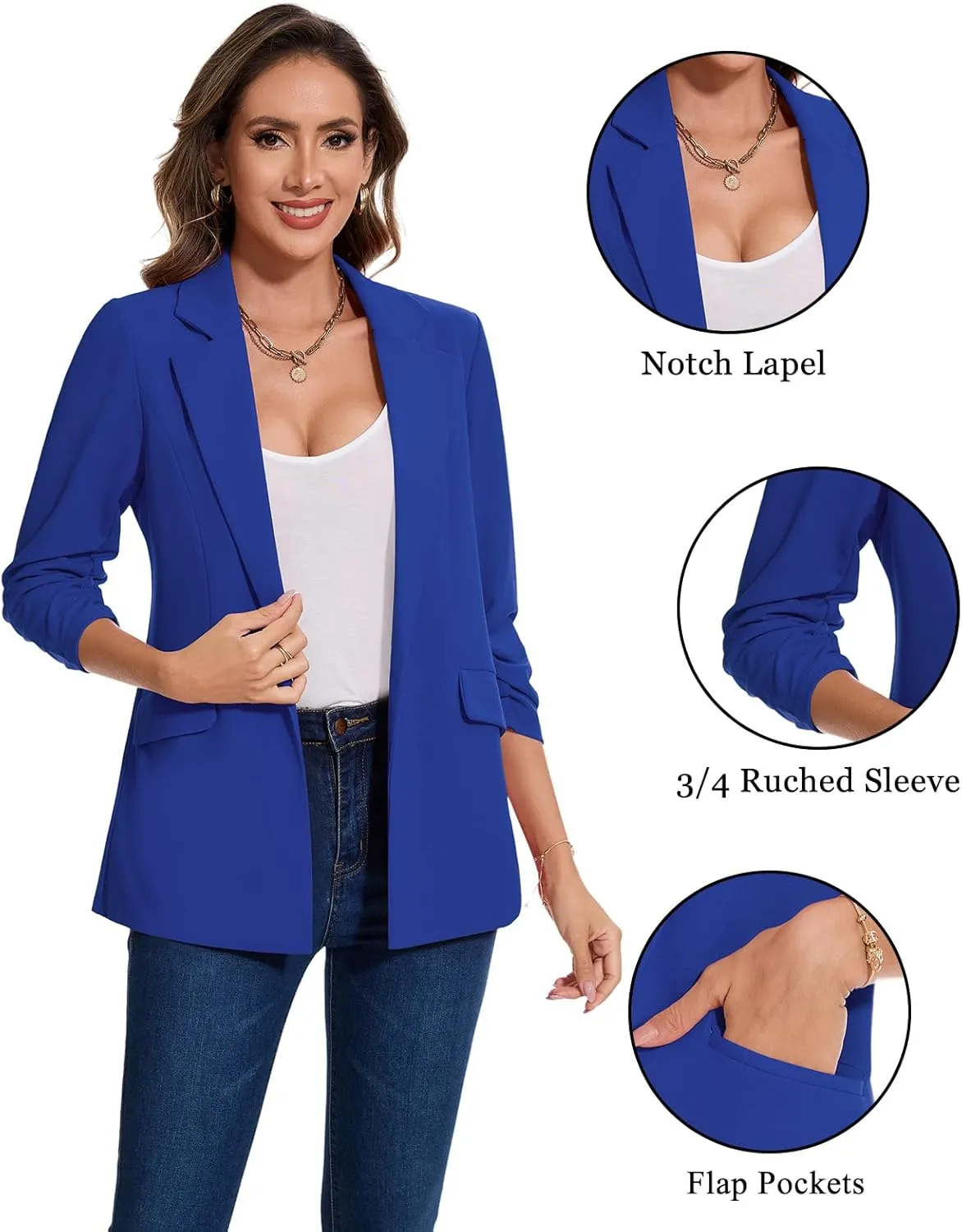 MINTLIMIT Blazer for Women Open Front 3/4 Ruched Sleeve Suit Jacket Notched Collar Casual Work Office Blazers with Pockets