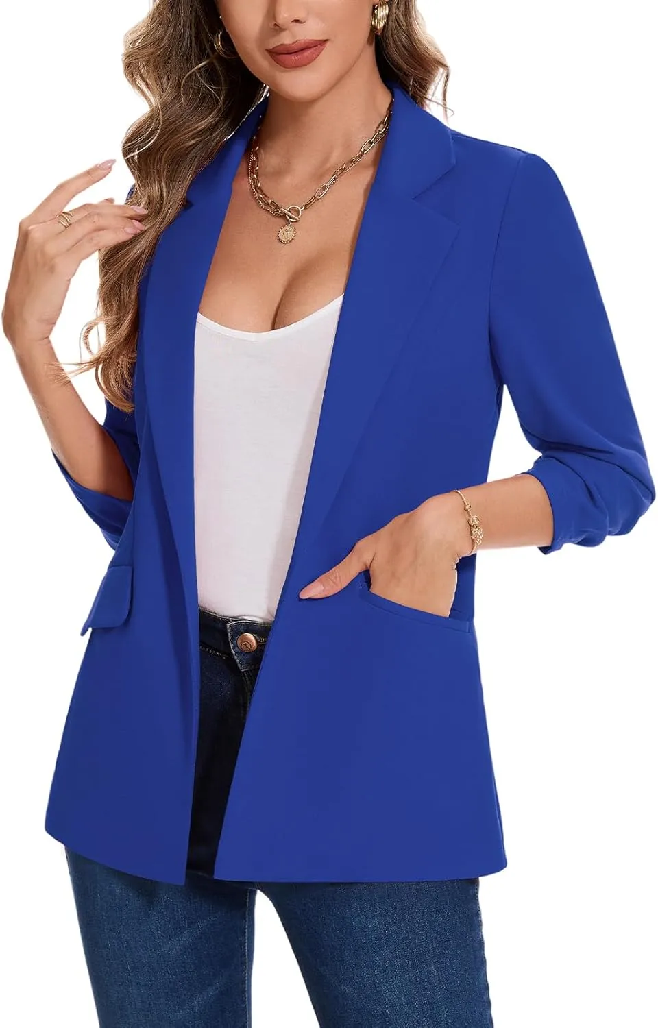 MINTLIMIT Blazer for Women Open Front 3/4 Ruched Sleeve Suit Jacket Notched Collar Casual Work Office Blazers with Pockets