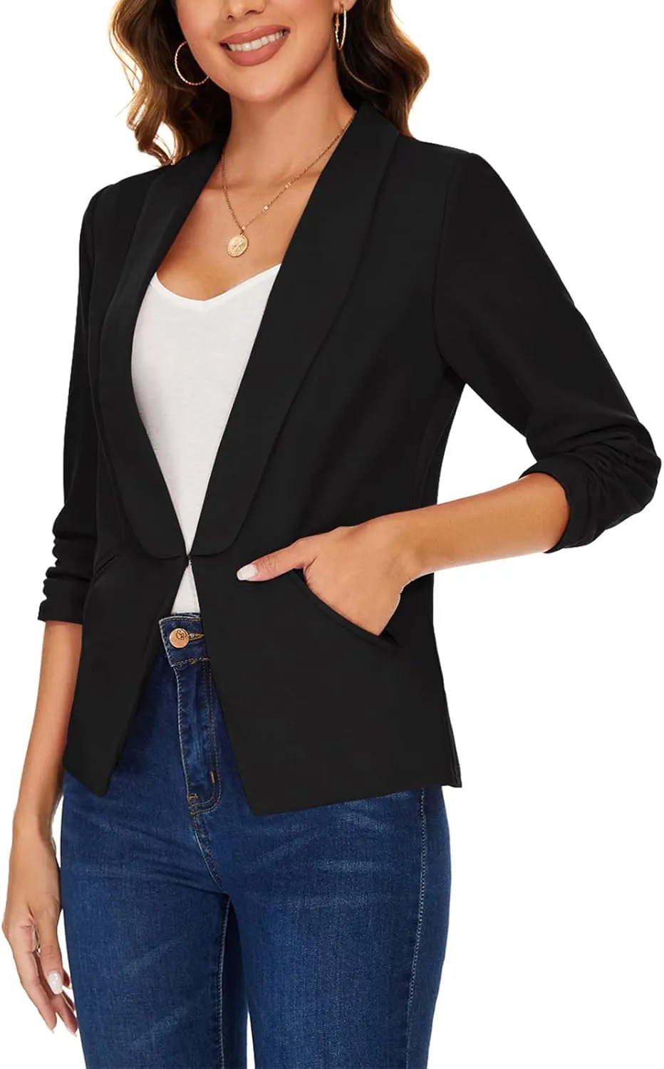 MINTLIMIT Women 3/4 Ruched Sleeve Shawl Lapel Blazer Open Front Casual Work Office Blazers Lightweight Jacket with Pockets