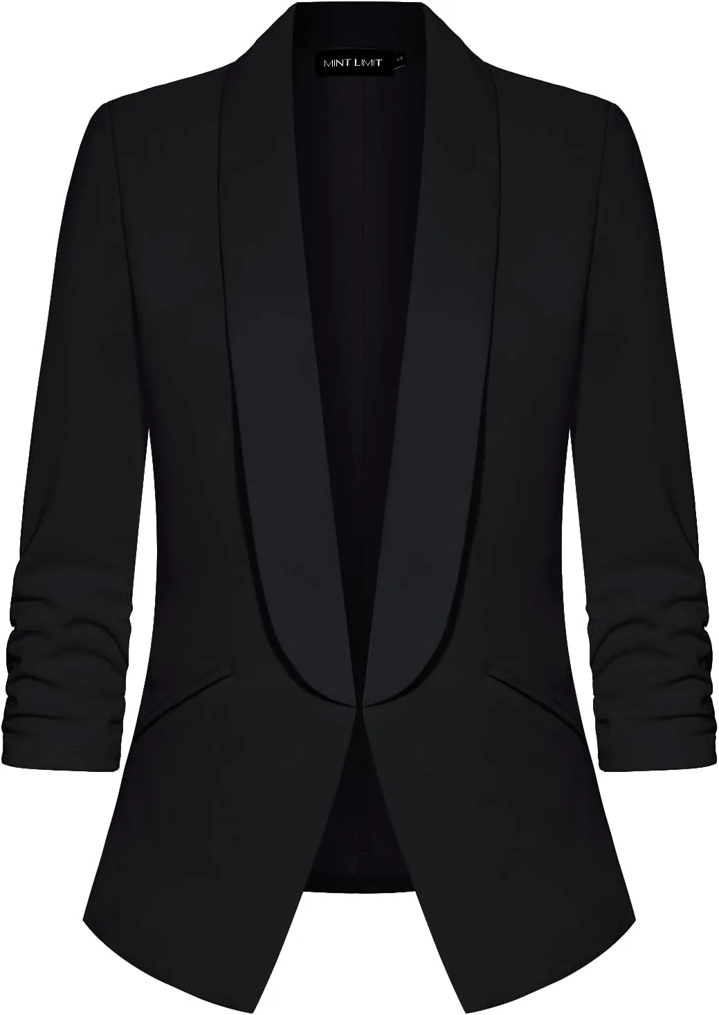 MINTLIMIT Women 3/4 Ruched Sleeve Shawl Lapel Blazer Open Front Casual Work Office Blazers Lightweight Jacket with Pockets