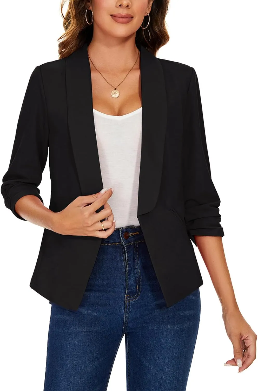 MINTLIMIT Women 3/4 Ruched Sleeve Shawl Lapel Blazer Open Front Casual Work Office Blazers Lightweight Jacket with Pockets