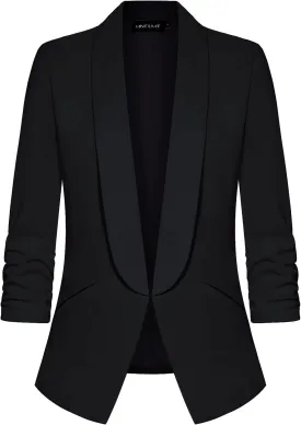 MINTLIMIT Women 3/4 Ruched Sleeve Shawl Lapel Blazer Open Front Casual Work Office Blazers Lightweight Jacket with Pockets