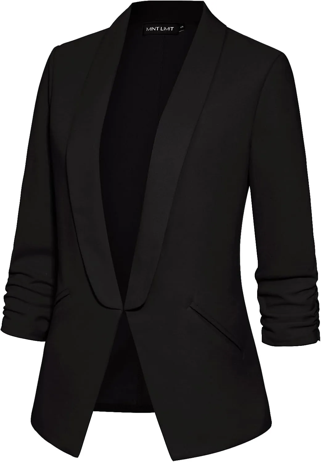 MINTLIMIT Women 3/4 Ruched Sleeve Shawl Lapel Blazer Open Front Casual Work Office Blazers Lightweight Jacket with Pockets