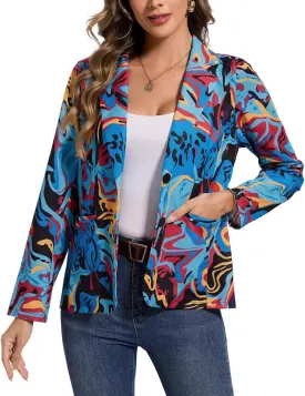 MINTLIMIT Women's Graphic Print Blazer Casual Long Sleeve Notch Lapel Button Open Front Colorful Jacket Blazers with Pockets
