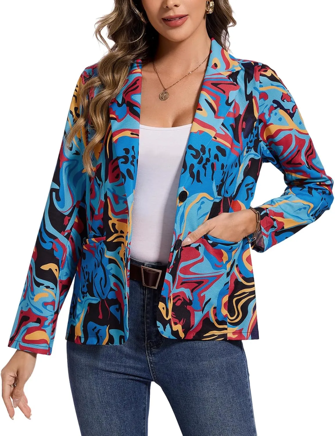 MINTLIMIT Women's Graphic Print Blazer Casual Long Sleeve Notch Lapel Button Open Front Colorful Jacket Blazers with Pockets