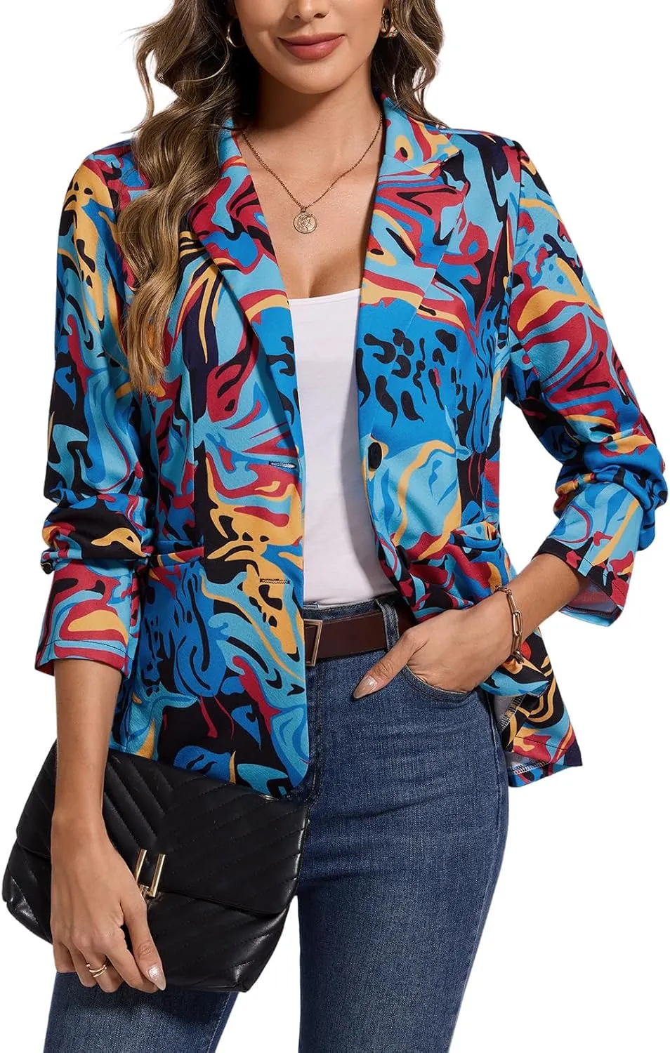MINTLIMIT Women's Graphic Print Blazer Casual Long Sleeve Notch Lapel Button Open Front Colorful Jacket Blazers with Pockets