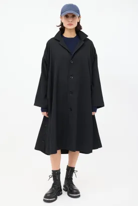 Noir Black Wool Ruched Side Button Up Coat