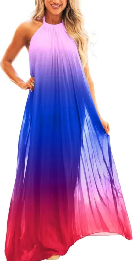 Paintcolors Women's Casual Halter Sleeveless Pleated Long Maxi Dress Backless Loose Ombre Summer Beach Chiffon Flowy Sundress