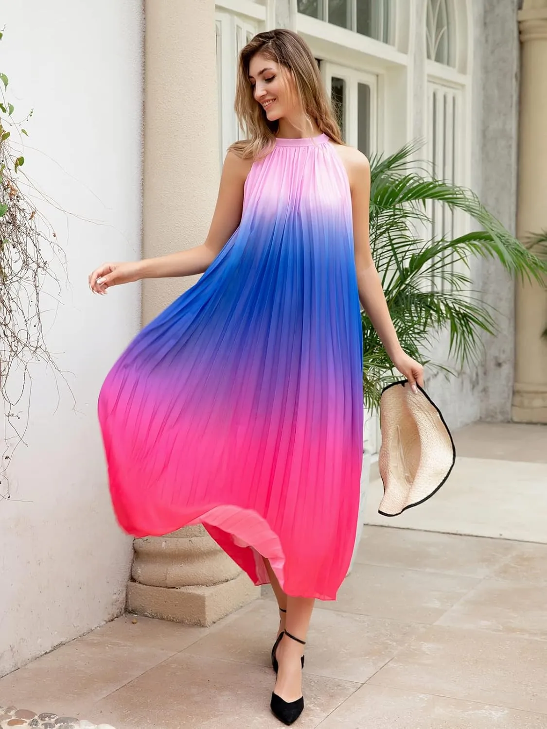 Paintcolors Women's Casual Halter Sleeveless Pleated Long Maxi Dress Backless Loose Ombre Summer Beach Chiffon Flowy Sundress
