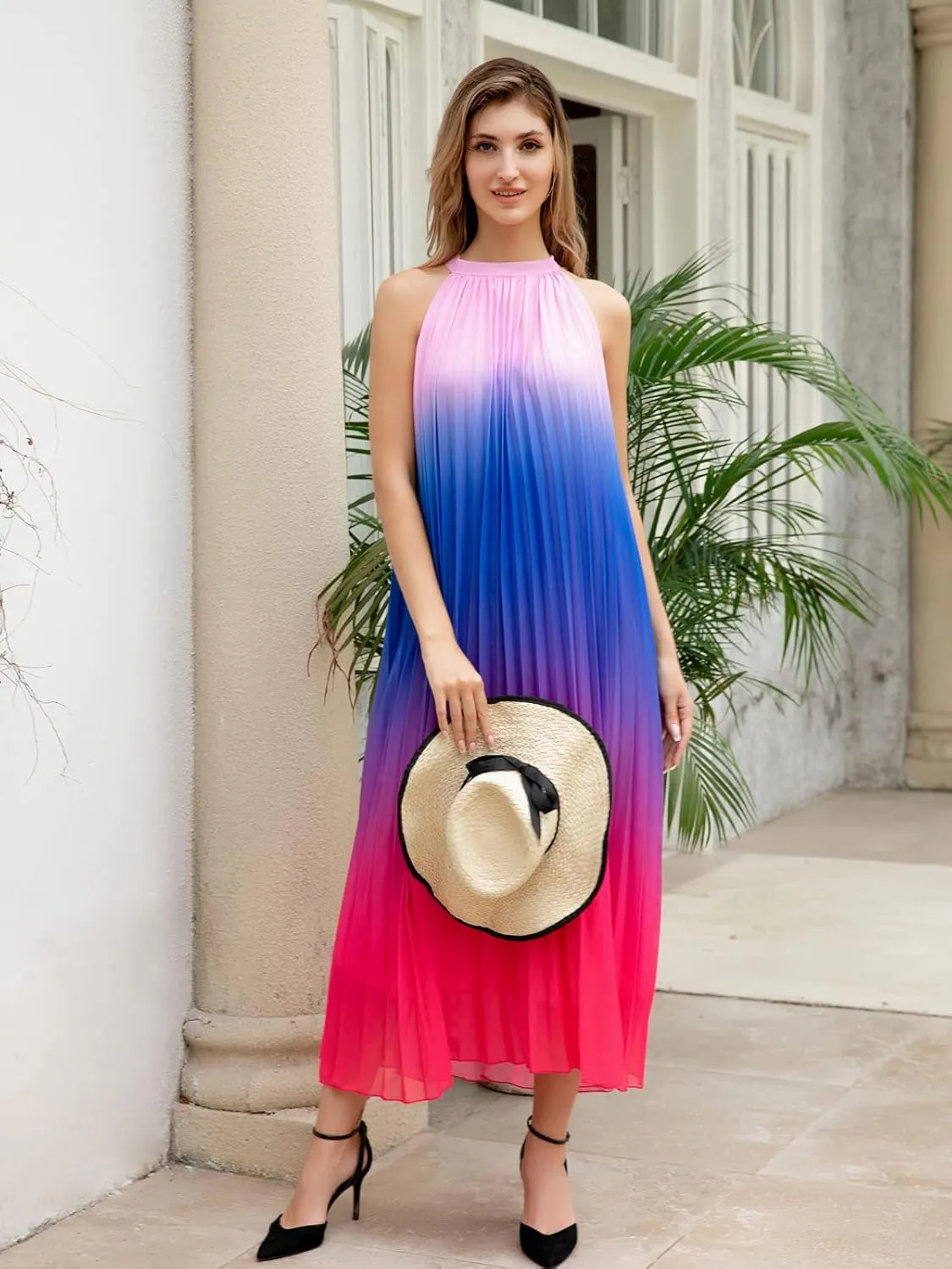 Paintcolors Women's Casual Halter Sleeveless Pleated Long Maxi Dress Backless Loose Ombre Summer Beach Chiffon Flowy Sundress