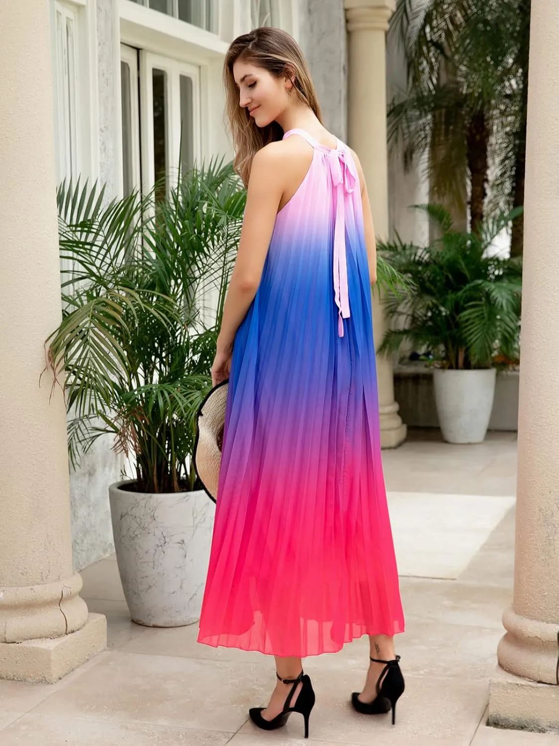 Paintcolors Women's Casual Halter Sleeveless Pleated Long Maxi Dress Backless Loose Ombre Summer Beach Chiffon Flowy Sundress