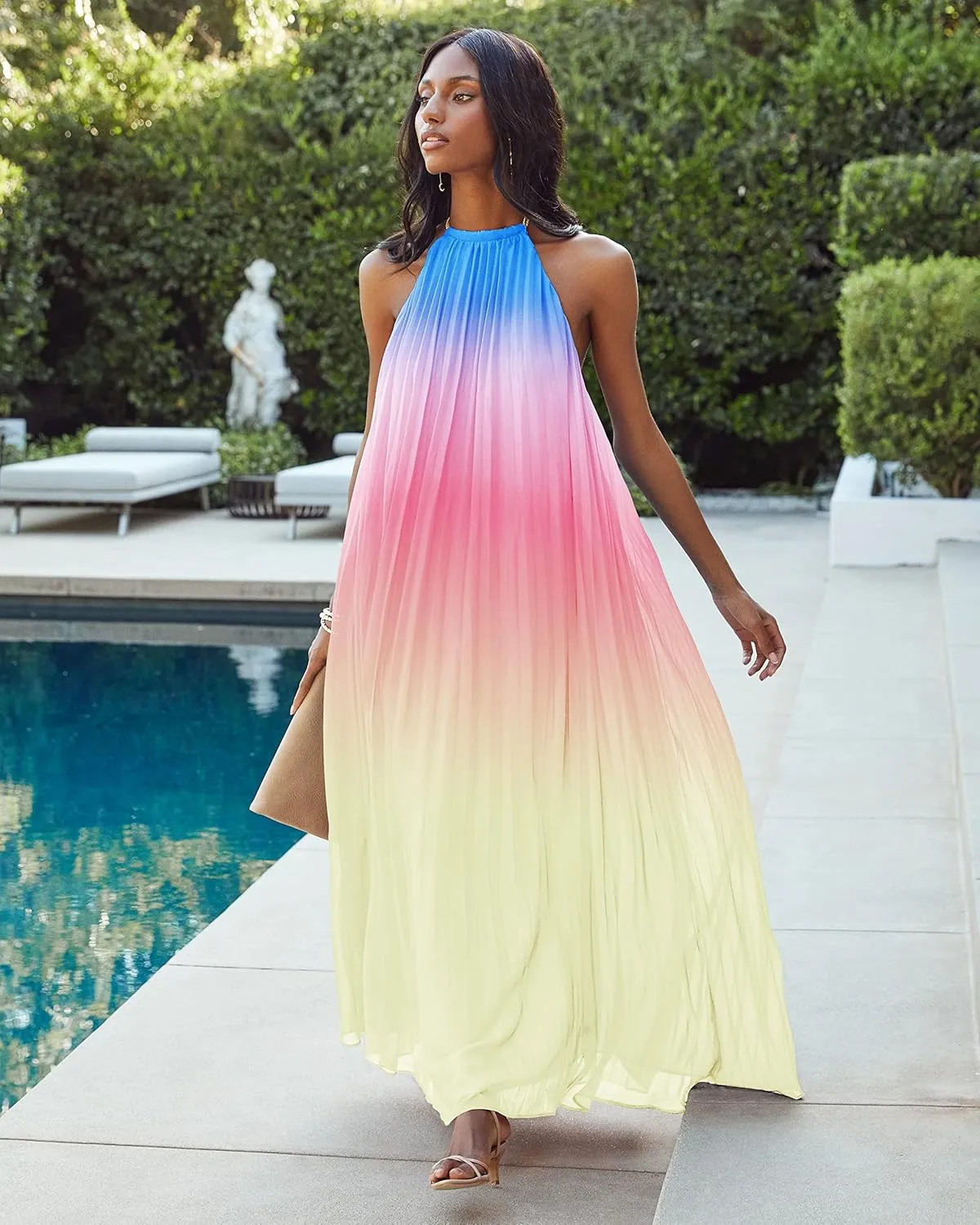 Paintcolors Women's Halter Sleeveless Long Maxi Dress Backless Casual Loose Ombre Summer Beach Chiffon Flowy Sundress