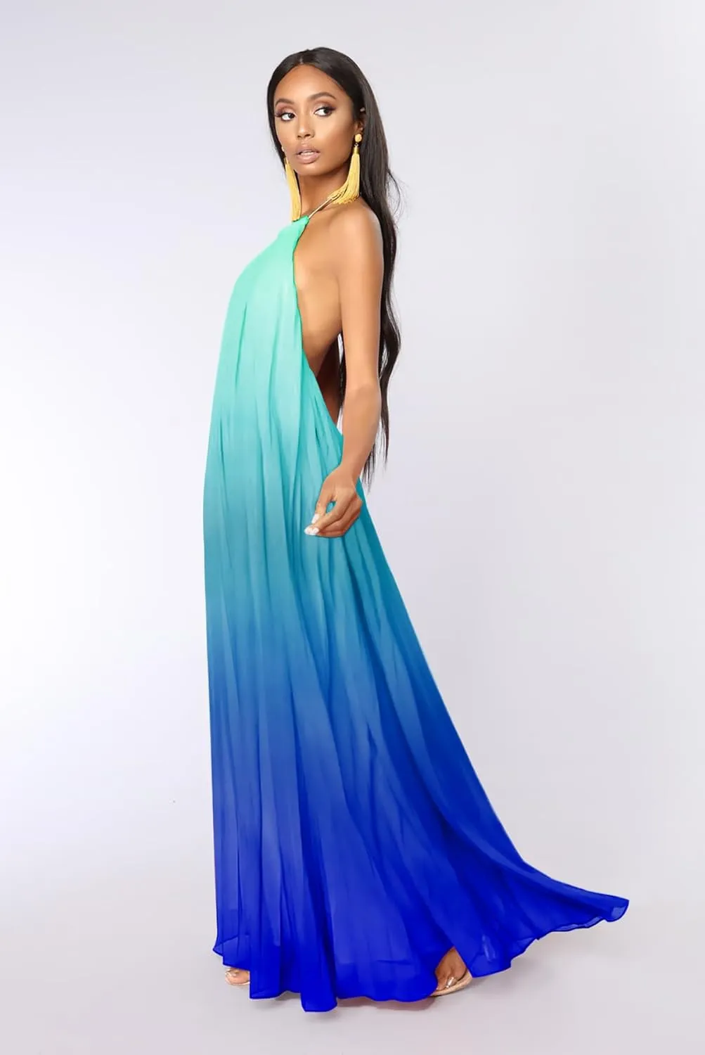 Paintcolors Women's Halter Sleeveless Long Maxi Dress Backless Casual Loose Ombre Summer Beach Chiffon Flowy Sundress