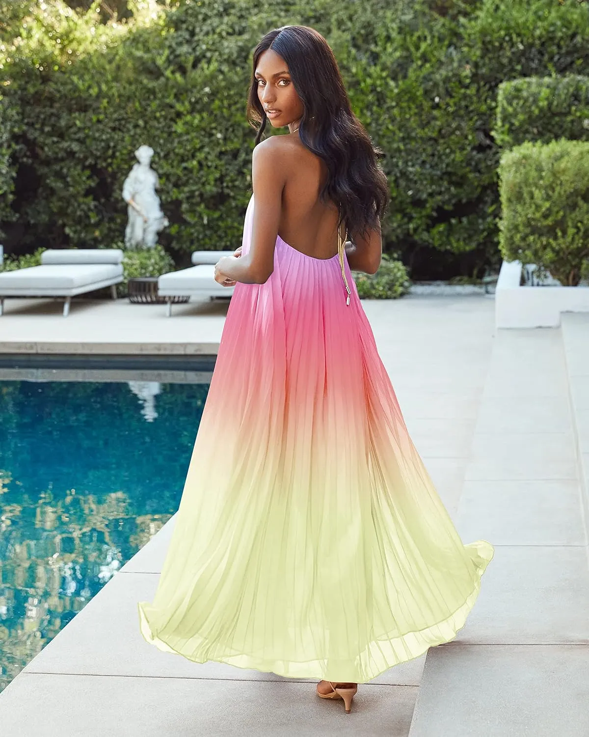 Paintcolors Women's Halter Sleeveless Long Maxi Dress Backless Casual Loose Ombre Summer Beach Chiffon Flowy Sundress