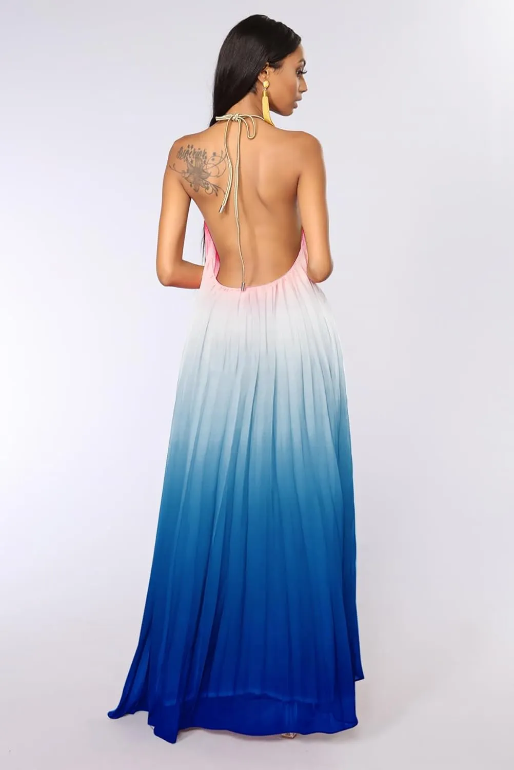 Paintcolors Women's Halter Sleeveless Long Maxi Dress Backless Casual Loose Ombre Summer Beach Chiffon Flowy Sundress