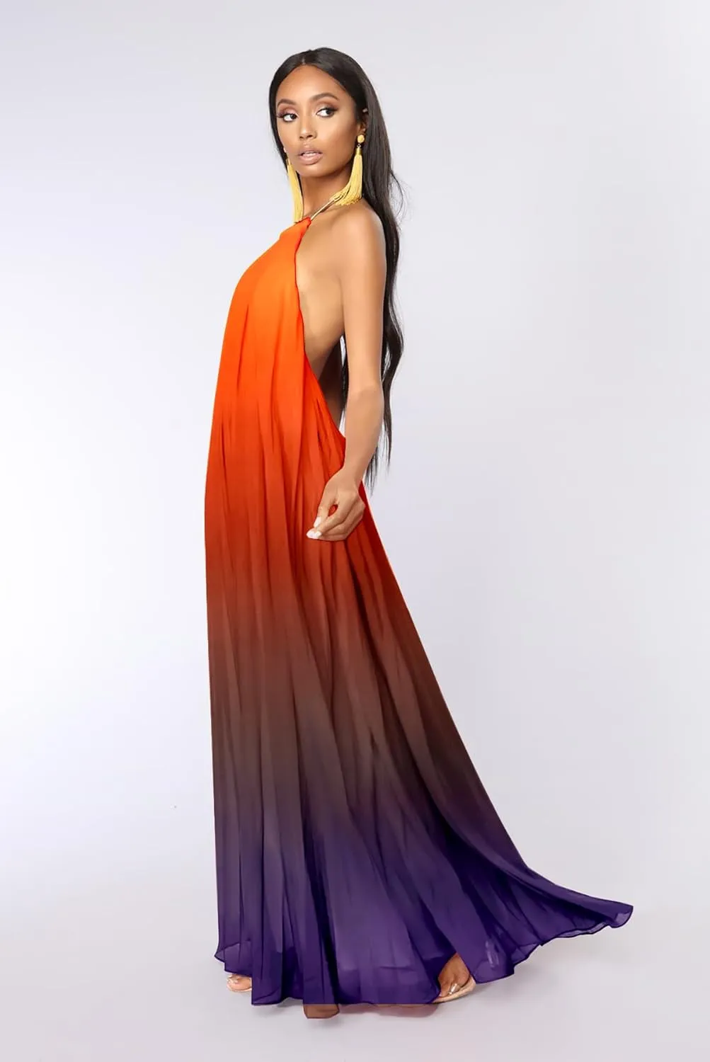 Paintcolors Women's Halter Sleeveless Long Maxi Dress Backless Casual Loose Ombre Summer Beach Chiffon Flowy Sundress