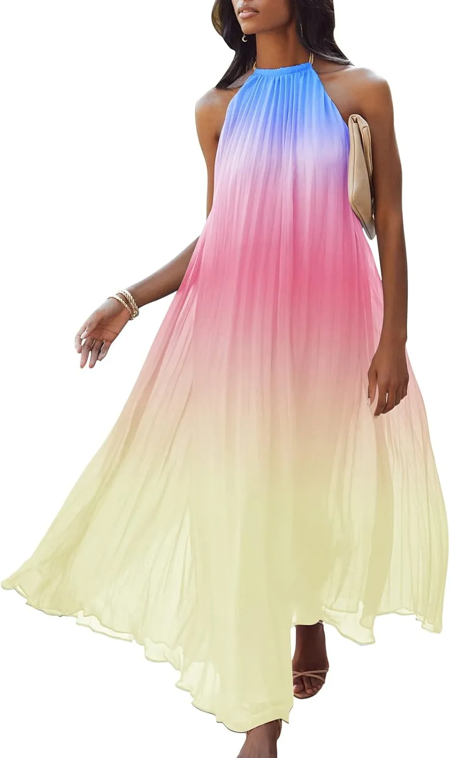 Paintcolors Women's Halter Sleeveless Long Maxi Dress Backless Casual Loose Ombre Summer Beach Chiffon Flowy Sundress