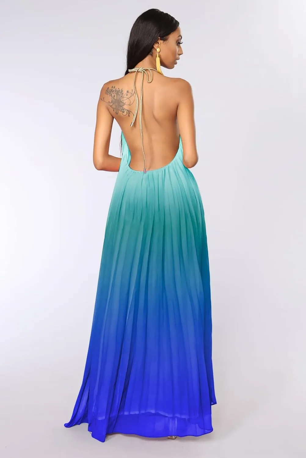 Paintcolors Women's Halter Sleeveless Long Maxi Dress Backless Casual Loose Ombre Summer Beach Chiffon Flowy Sundress