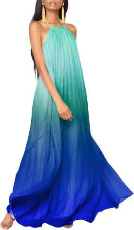 Paintcolors Women's Halter Sleeveless Long Maxi Dress Backless Casual Loose Ombre Summer Beach Chiffon Flowy Sundress