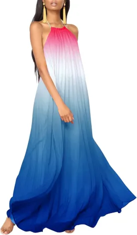 Paintcolors Women's Halter Sleeveless Long Maxi Dress Backless Casual Loose Ombre Summer Beach Chiffon Flowy Sundress