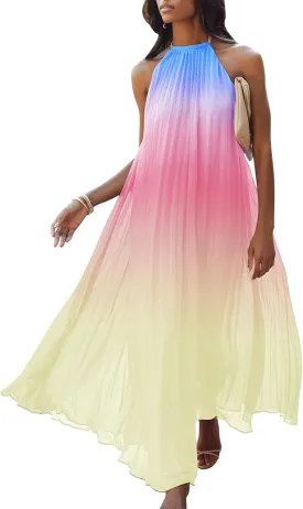 Paintcolors Women's Halter Sleeveless Long Maxi Dress Backless Casual Loose Ombre Summer Beach Chiffon Flowy Sundress
