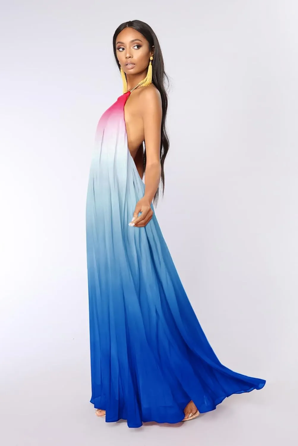 Paintcolors Women's Halter Sleeveless Long Maxi Dress Backless Casual Loose Ombre Summer Beach Chiffon Flowy Sundress